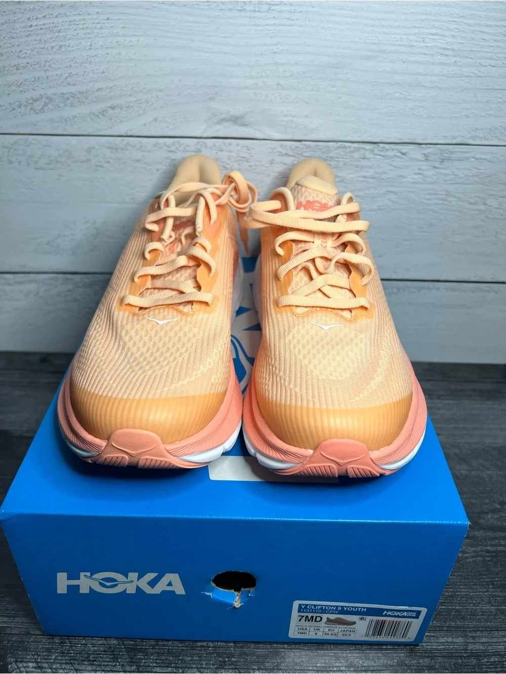 Hoka Youth Clifton 9 Running Shoes in Peach and Coral